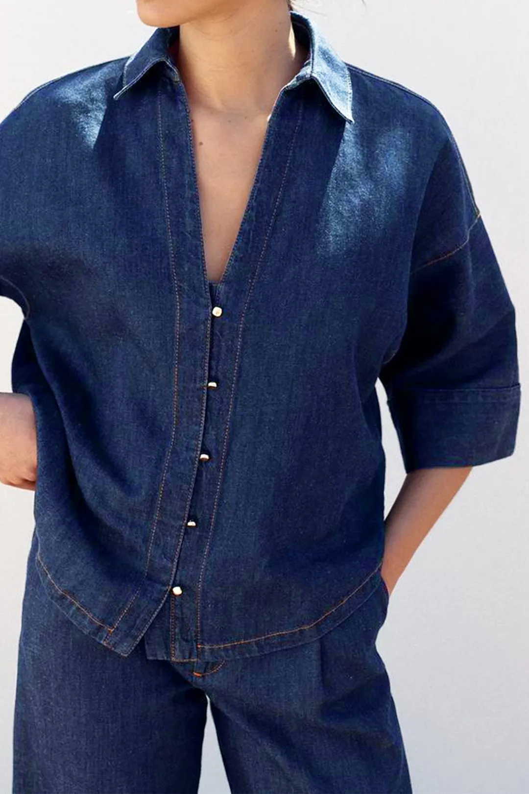 Denim V-Neck Short Sleeve Shirt sold by Micas product image thumbnail 3