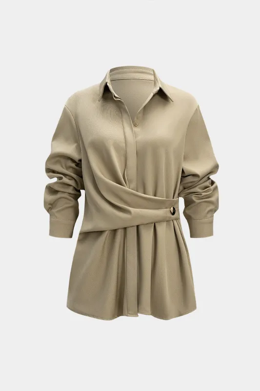 Polo Collar Asymmetrical Ruched Long-Sleeve Top sold by Micas