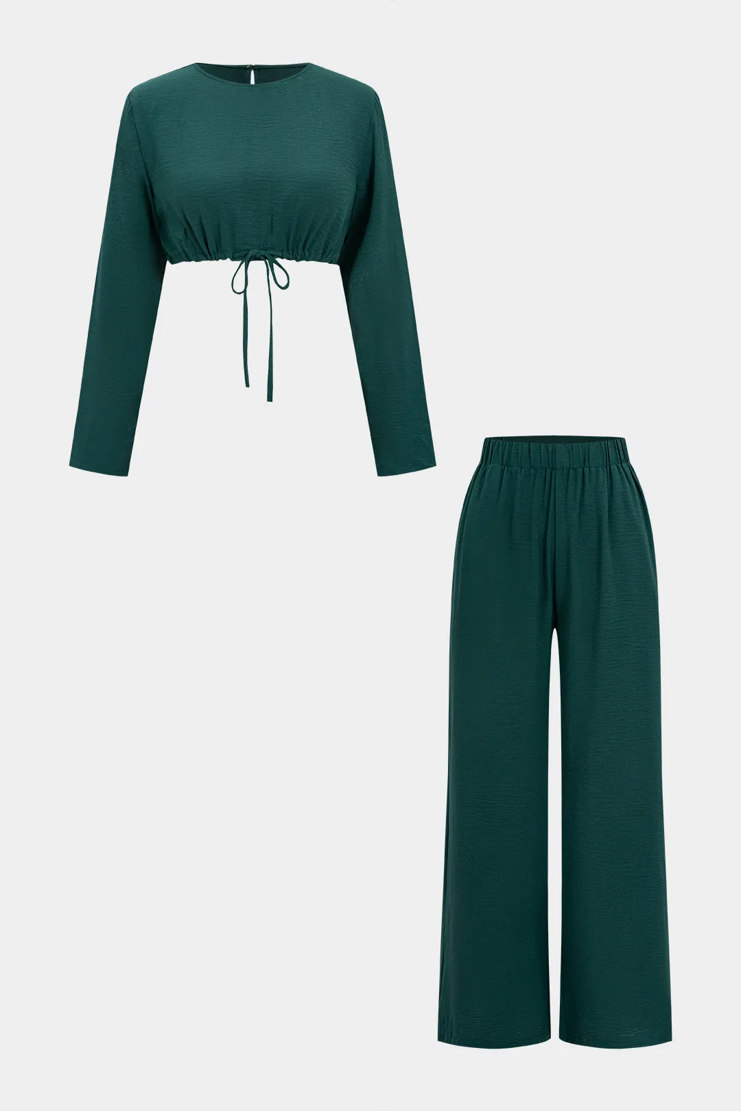 Tie-Up V-Neck Long-Sleeve Top And Wide Leg Trousers Set sold by Micas