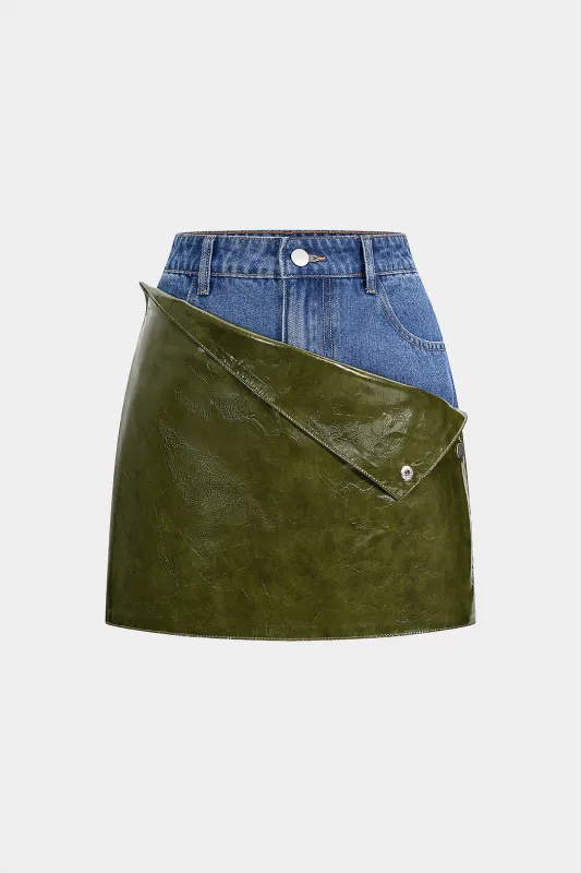 Denim Faux Leather Patchwork Skirt sold by Micas
