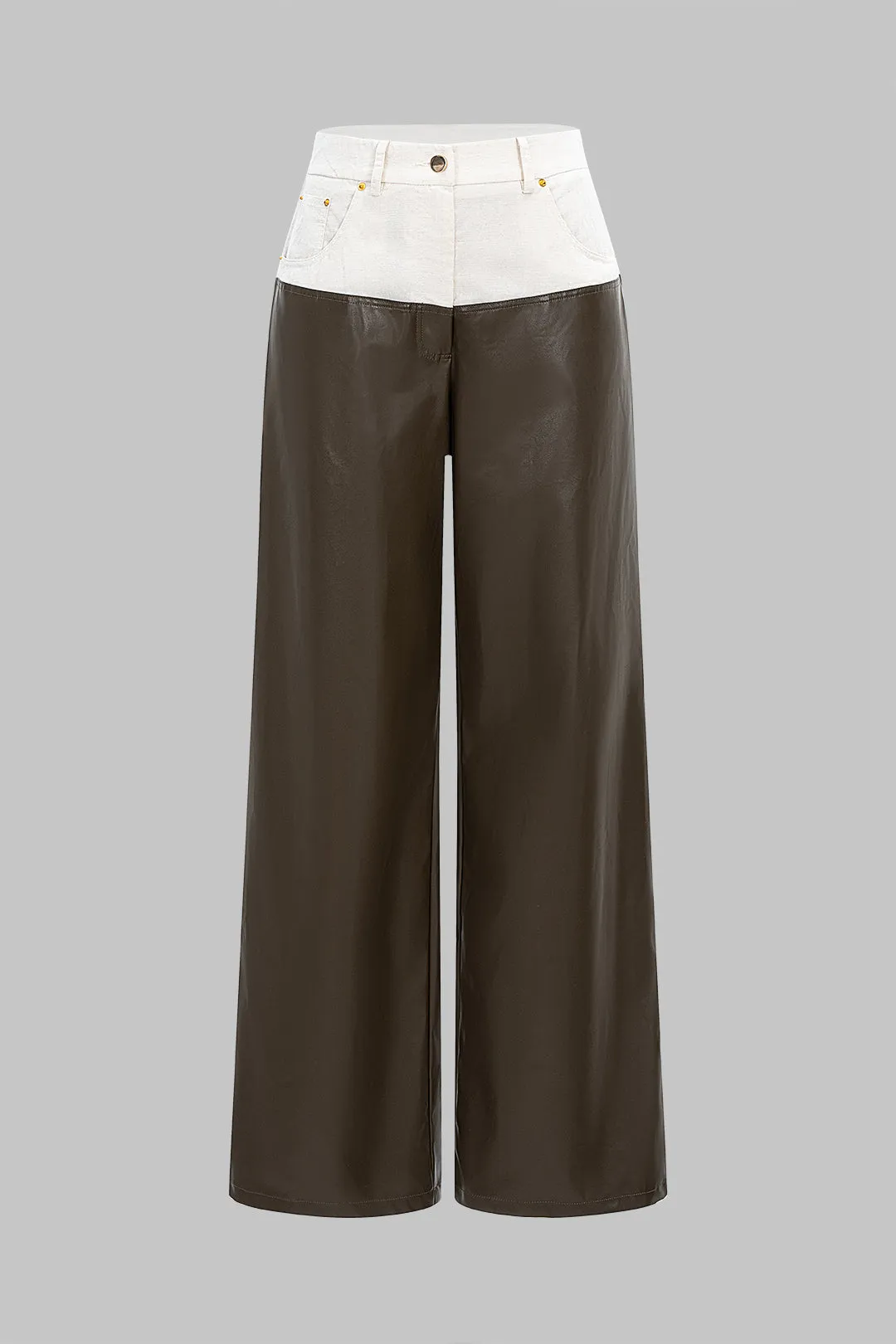 Faux Leather Patchwork Straight Leg Trousers sold by Micas