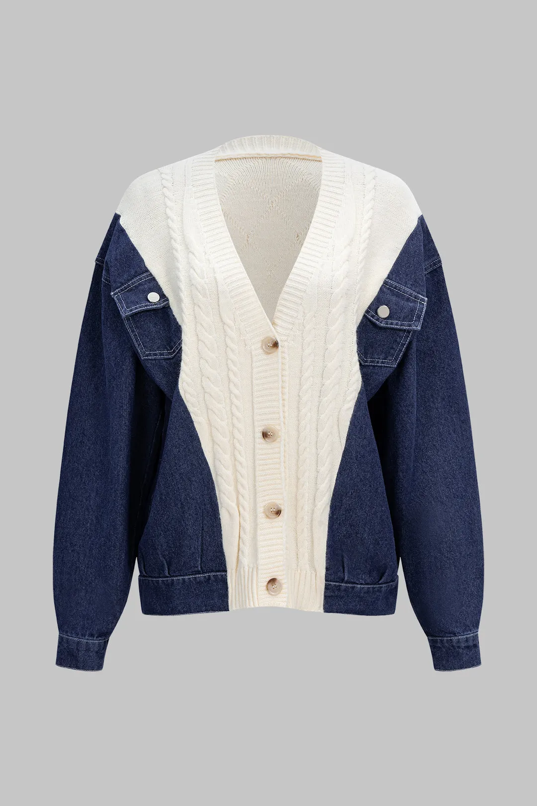 Patchwork Button Cable Sweater Cardigan sold by Micas