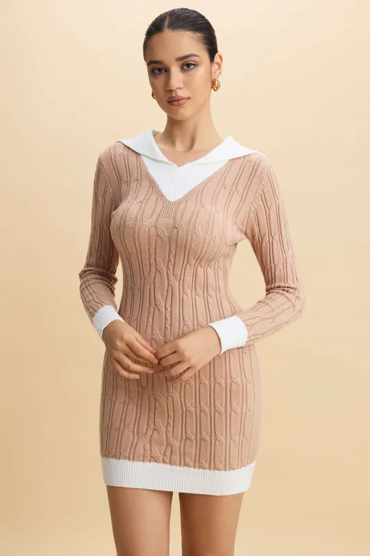 Knit Twist Print Contrast V-Neck Long Sleeve Dress sold by Micas