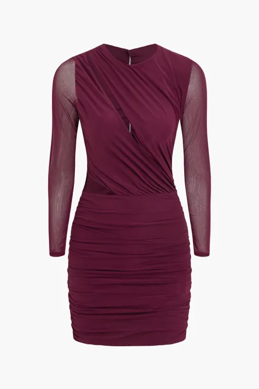 Mesh Cut Out Ruched Long Sleeve Mini Dress sold by Micas