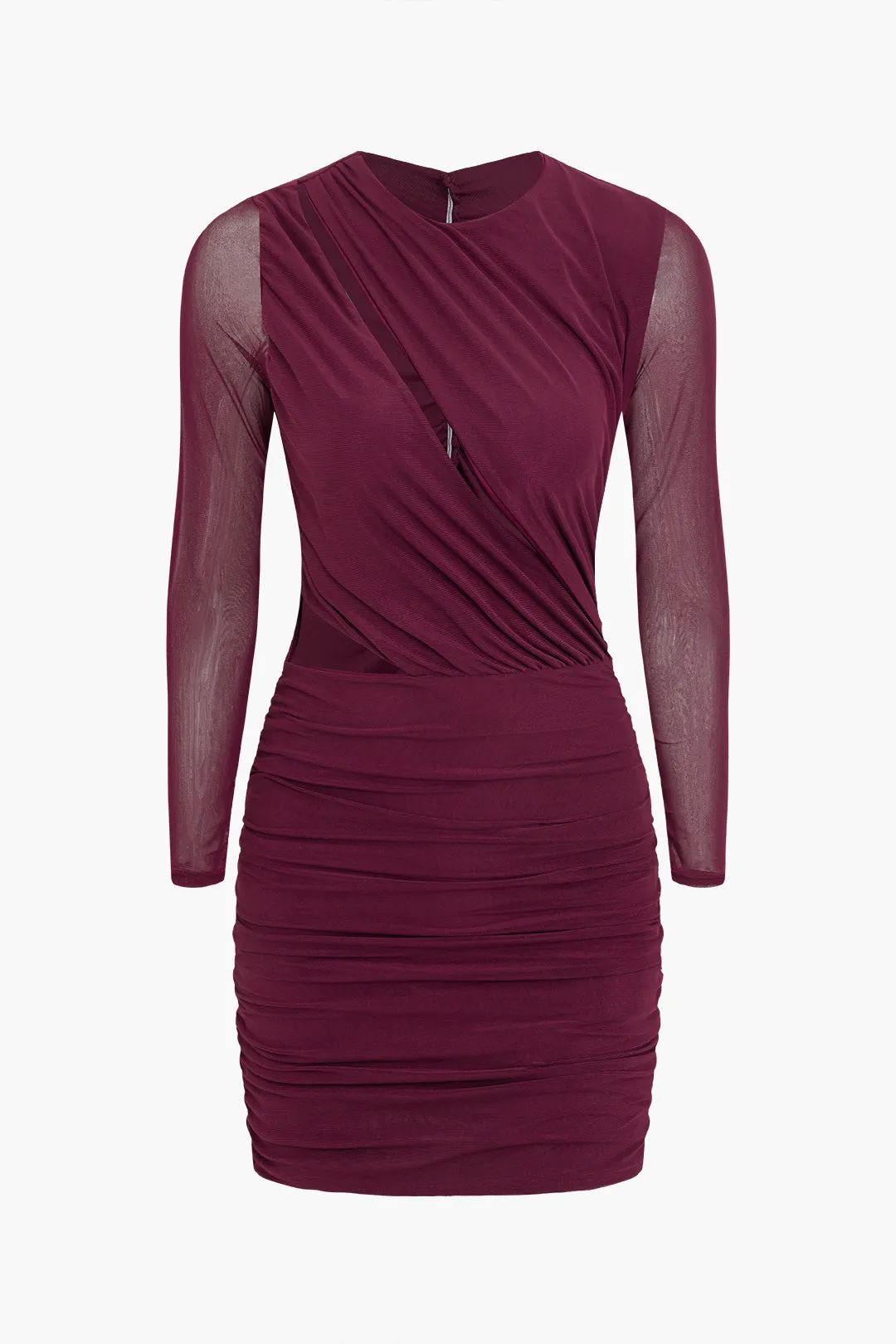 Mesh Cut Out Ruched Long Sleeve Mini Dress sold by Micas