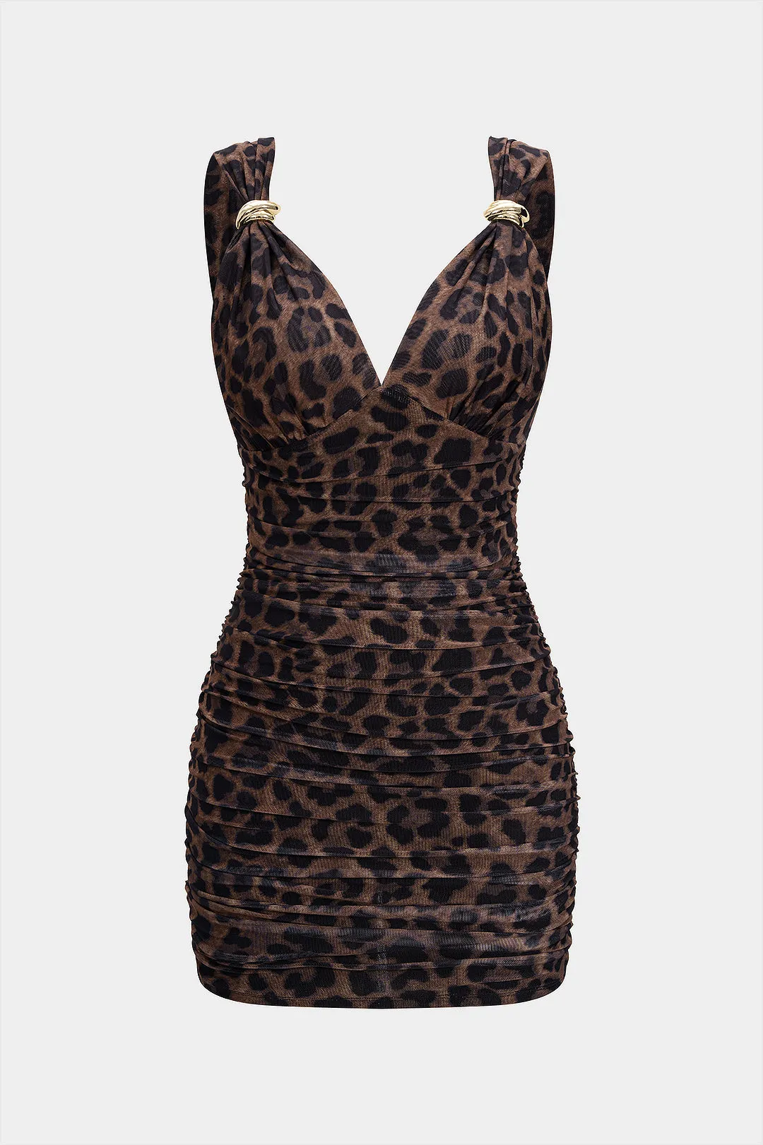 Leopard Print Mesh Metallic Ruched Slip Sleeveless Mini Dress sold by Micas