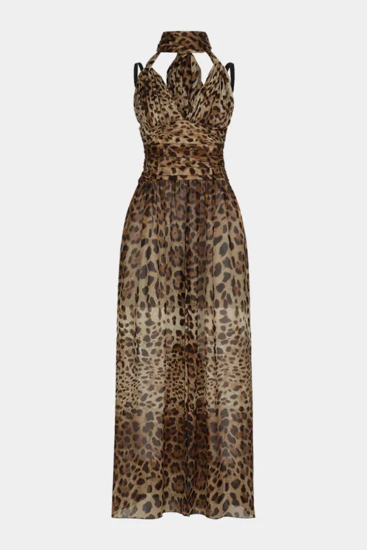 Leopard Print Chiffon Halter Neck Shirred Maxi Dress sold by Micas