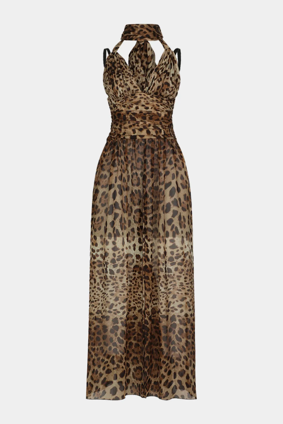 Leopard Print Chiffon Halter Neck Shirred Maxi Dress sold by Micas