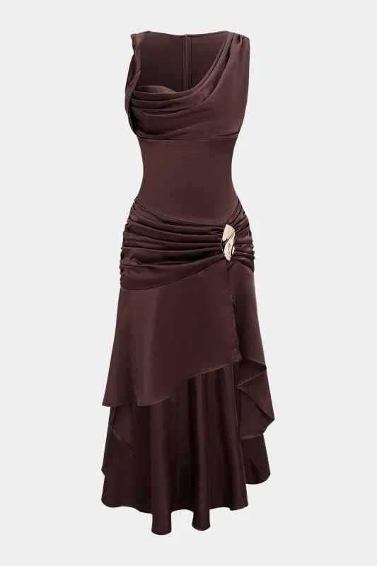 Satin Asymmetrical Draped Cowl Neck Ruched Sleeveless Midi Dress sold by Micas