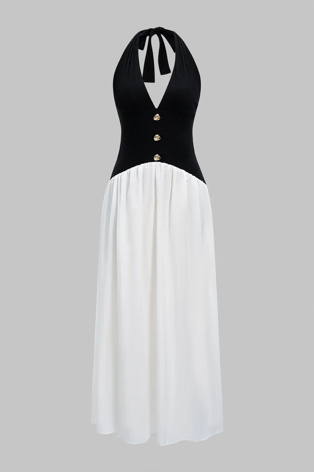 Halter Neck Contrast Metallic Decor Backless Ruched Maxi Dress sold by Micas product image thumbnail 2