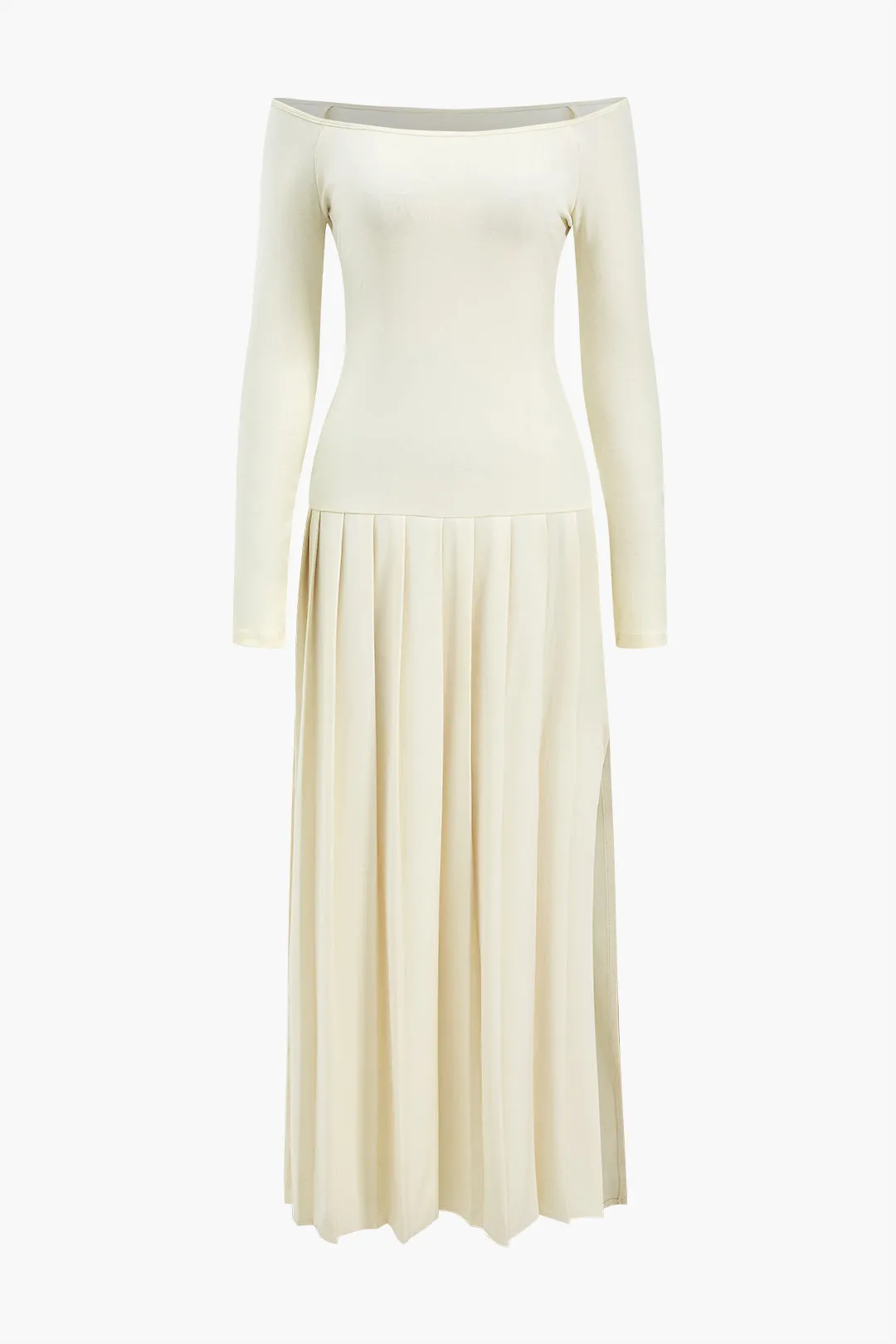 Pleated Off Shoulder Patchwork Side Slit Long Sleeve Maxi Dress sold by Micas