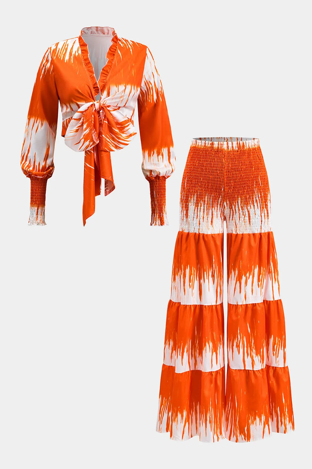 Tropisk mønster ruffle v-hals slips foran top og ruched høj talje brede benbukser sæt sold by Micas