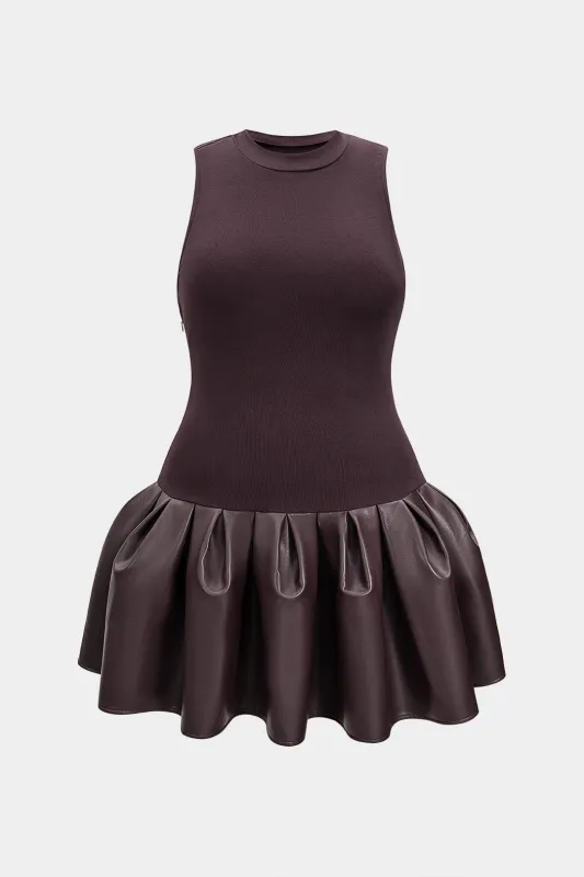 Plus Size Faux Leather Round Neck Ruched Sleeveless Mini Dress sold by Micas