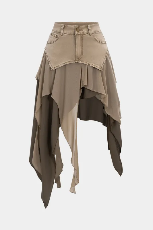 Denim Chiffon Ruffle Patchwork Skirt sold by Micas