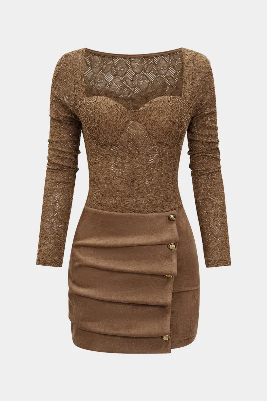 Suede Button Patchwork Ruched Long Sleeve Mini Dress sold by Micas