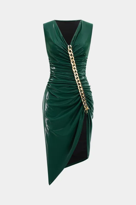 Faux Leather Metallic Ruched Tank Sleeveless Midi Dress sold by Micas