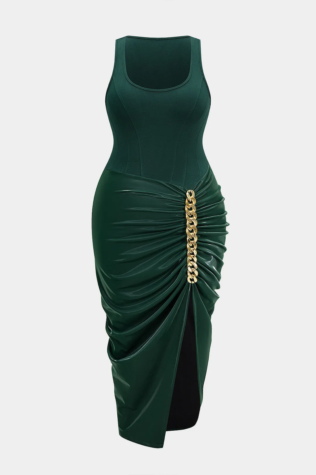 Plus Size Metallic Ruched Square Neck Sleeveless Midi Dress sold by Micas