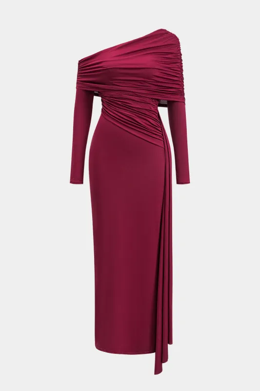 Ruched Asymmetrical Neck Long Sleeve Slit Maxi Dress sold by Micas