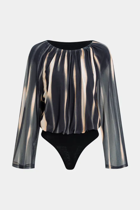 Abstract Stripes Print Mesh Raglan Sleeve Bodysuit sold by Micas