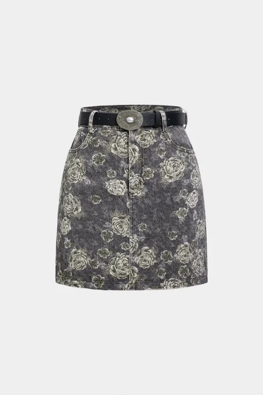 Floral Print Denim High Waist Belted Mini Skirt sold by Micas