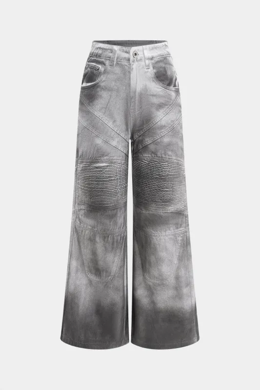Denim Button Wide Leg Pocket Jeans sold by Micas