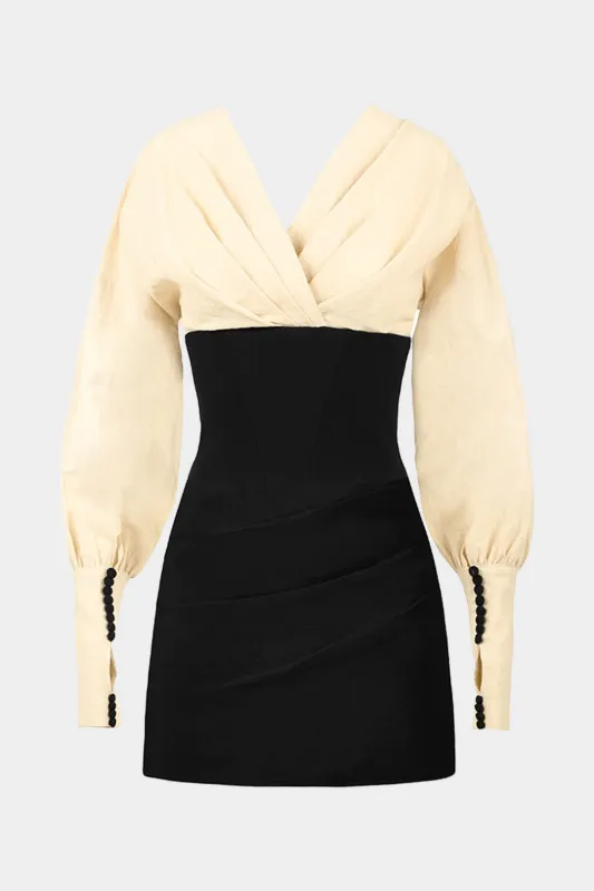 Patchwork Tie Back V-Neck Pleated Long Sleeve Mini Dress sold by Micas