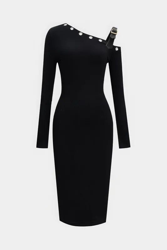 Asymmetrical Neck Metallic Eyelet Long Sleeve Midi Dress sold by Micas