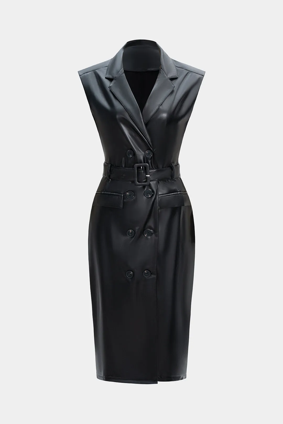 Faux Leather Button Belted Sleeveless Midi Dress sold by Micas