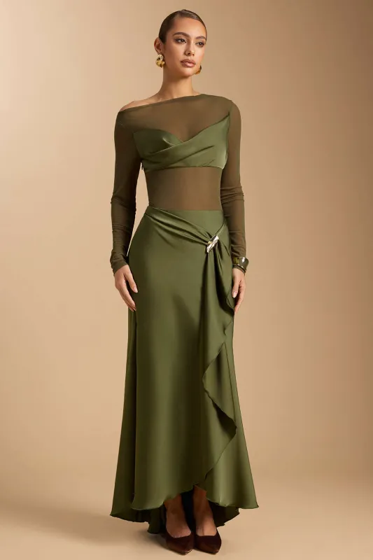 Satin Mesh Patchwork Metallic Asymmetrical Ruched Long Sleeve Midi Dress sold by Micas
