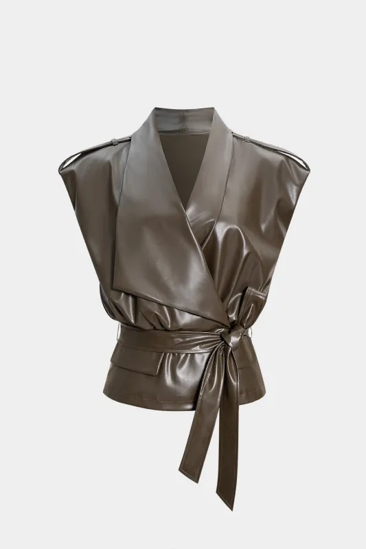 Faux Leather Notched Lapel Short-Sleeve Shirt sold by Micas