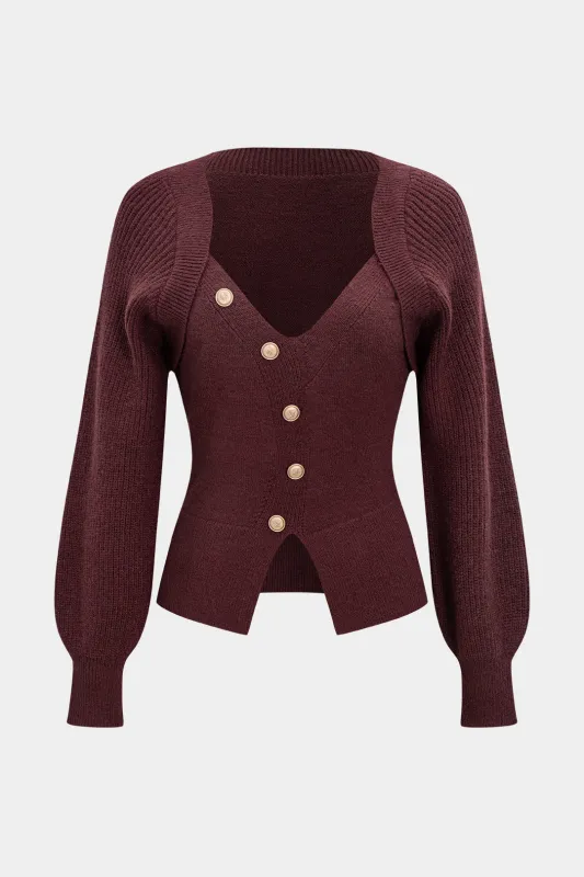 Knit Asymmetrical Metallic Button Long-Sleeve Top sold by Micas