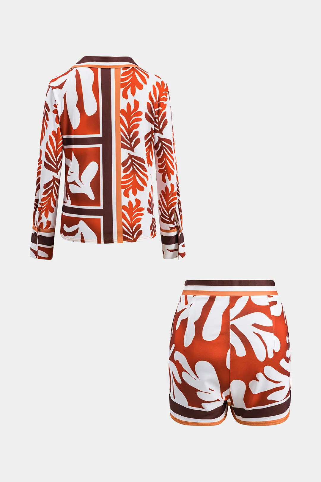 Leaves Print Satin Long Sleeve Shirt And Asymmetrical Mini Skirt Set sold by Micas product image thumbnail 2