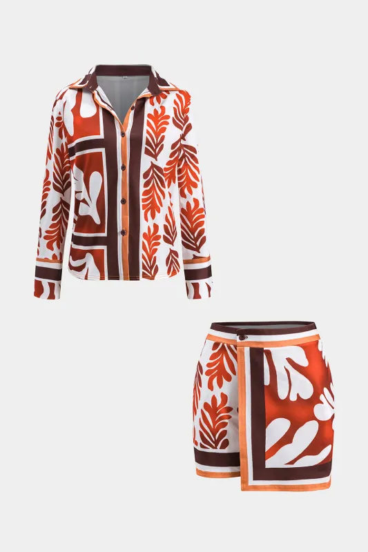 Leaves Print Satin Long Sleeve Shirt And Asymmetrical Mini Skirt Set sold by Micas