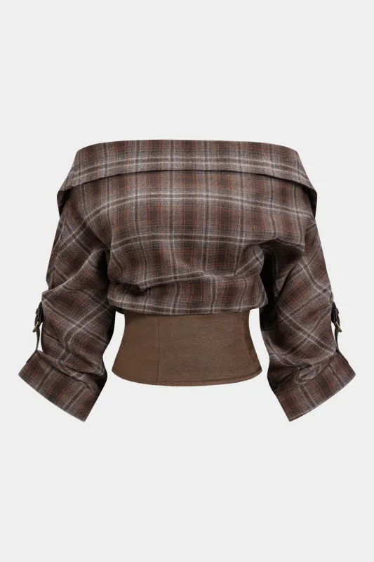 Plaid Print Satin Patchwork Off Shoulder Zipper Long-Sleeve Shirt sold by Micas