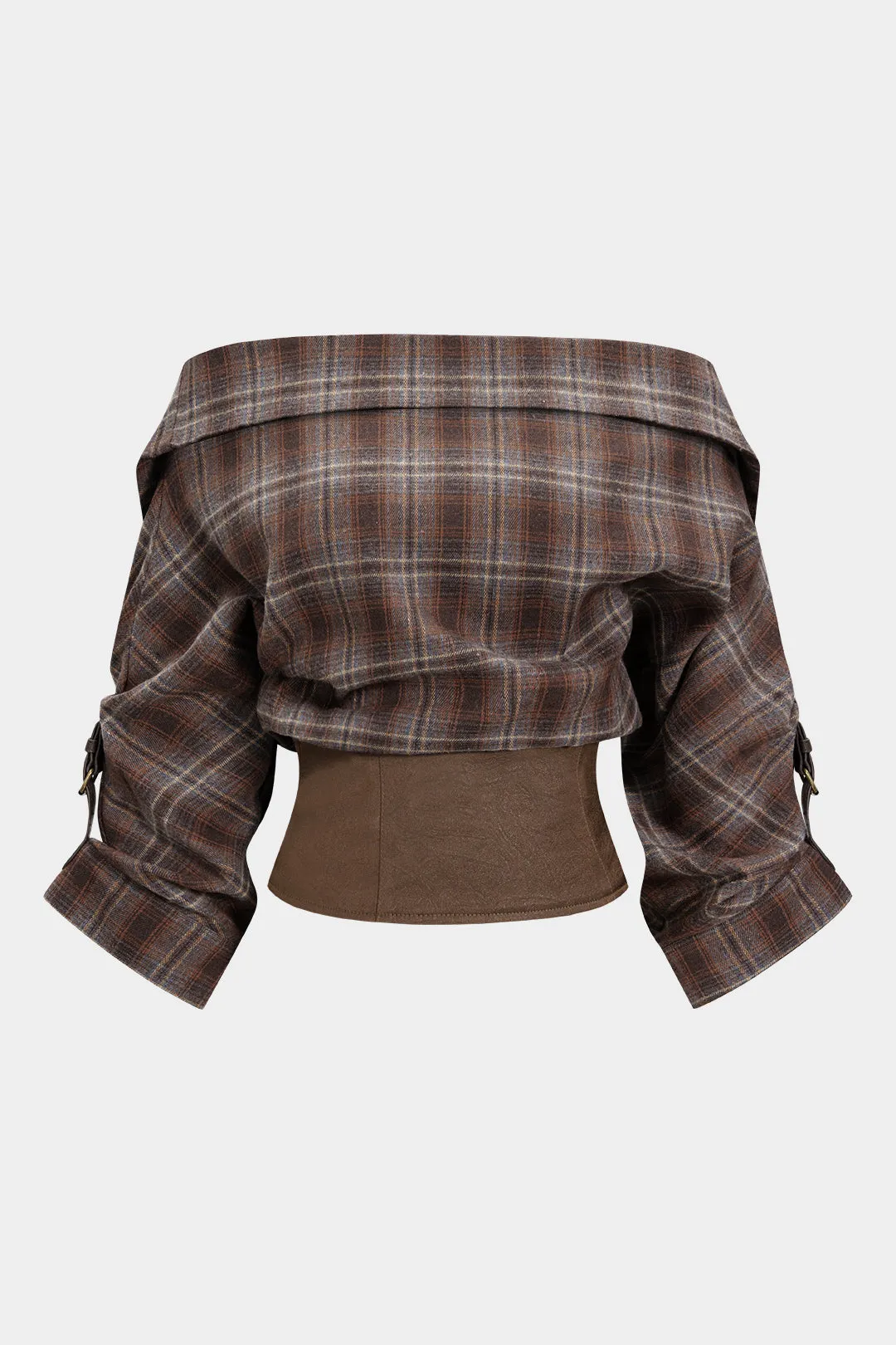 Plaid Print Satin Patchwork Off Shoulder Zipper Long-Sleeve Shirt sold by Micas