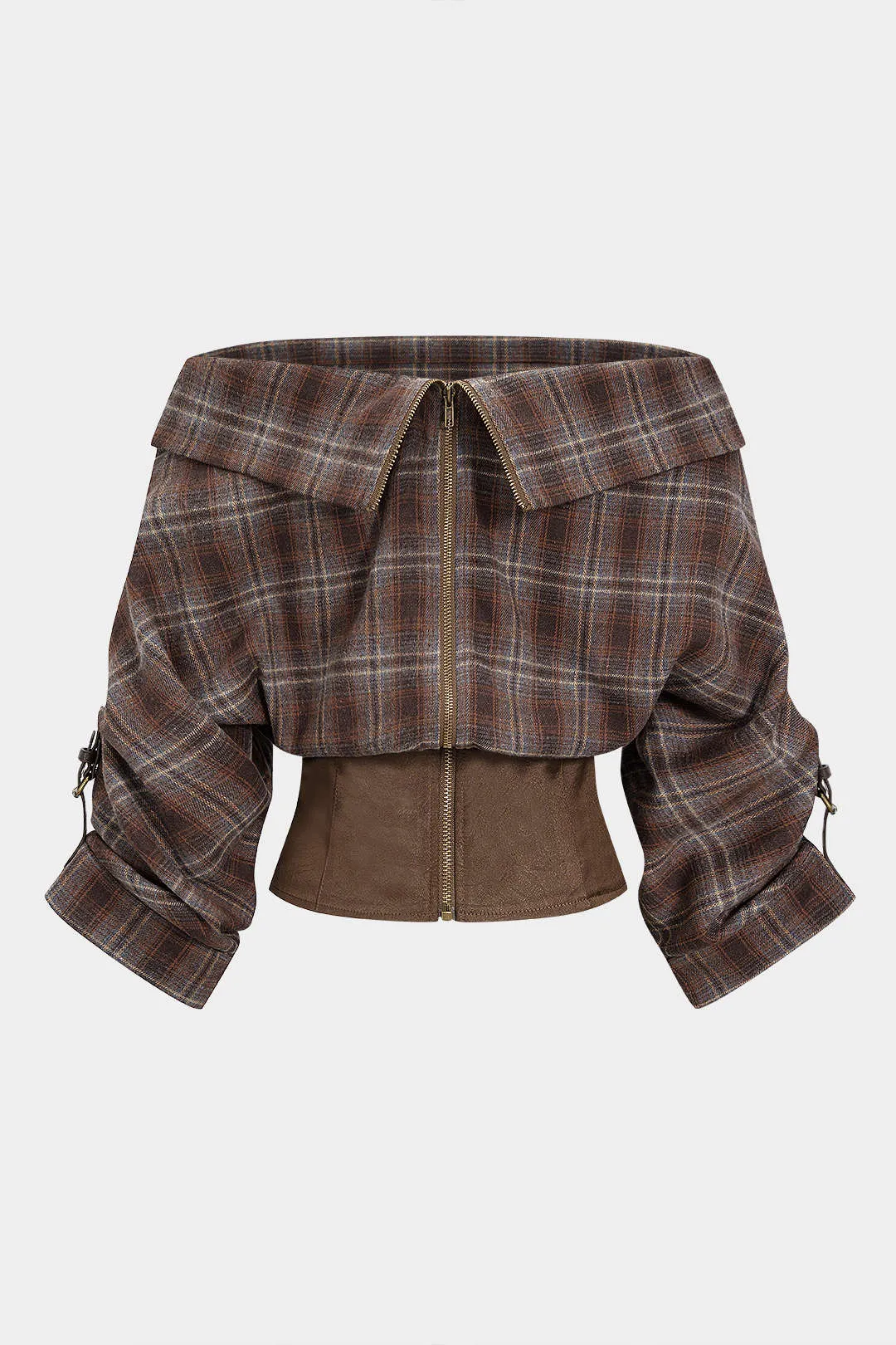 Plaid Print Satin Patchwork Off Shoulder Zipper Long-Sleeve Shirt sold by Micas product image thumbnail 2