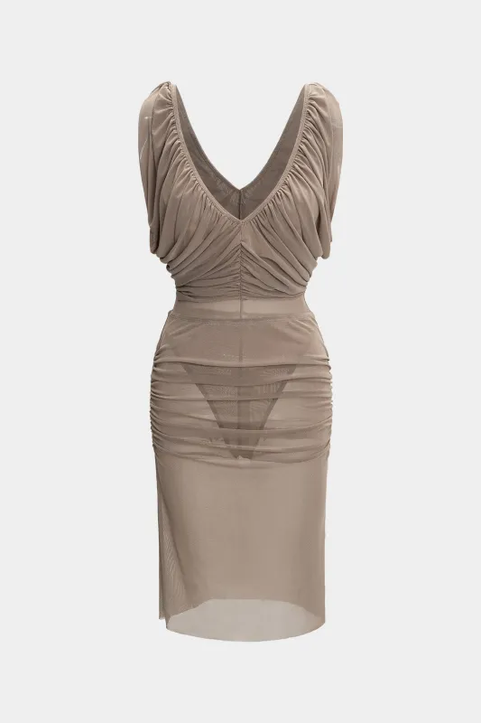 Chiffon Ruched V-Neck Sleeveless Bodysuit And Skirt Set sold by Micas