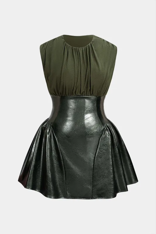 Plus Size Faux Leather Patchwork Ruched Sleeveless Mini Dress sold by Micas