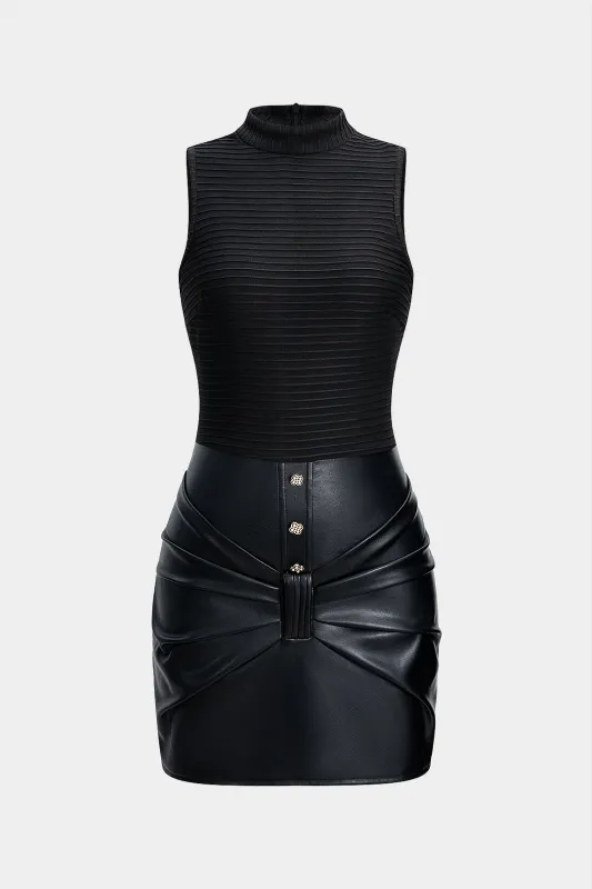 Faux Leather Button Patchwork Zipper Sleeveless Mini Dress sold by Micas