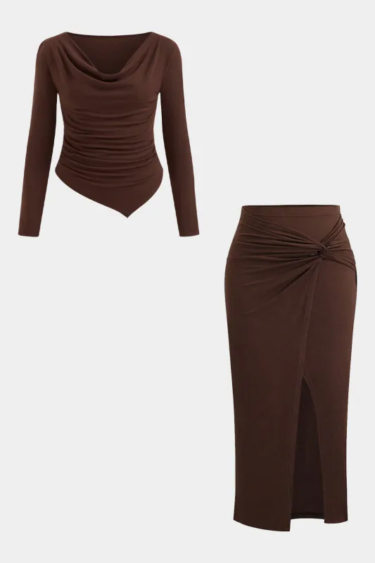 Plus Size Draped Cowl Neck Ruched Long-Sleeve Top And Twist Knot Skirt Set sold by Micas