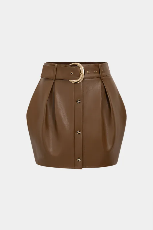 Faux Leather Metallic Button Belted Skirt sold by Micas