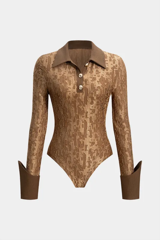 Metallic Button Ripped Patchwork Long Sleeve Bodysuit sold by Micas