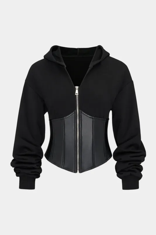 Faux Leather Patchwork Zipper Hoodie sold by Micas