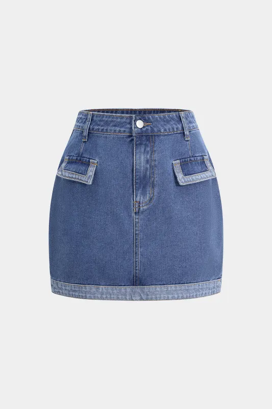 Denim Patchwork Zipper Contrast Whipstitching Fake Pocket Skirt sold by Micas
