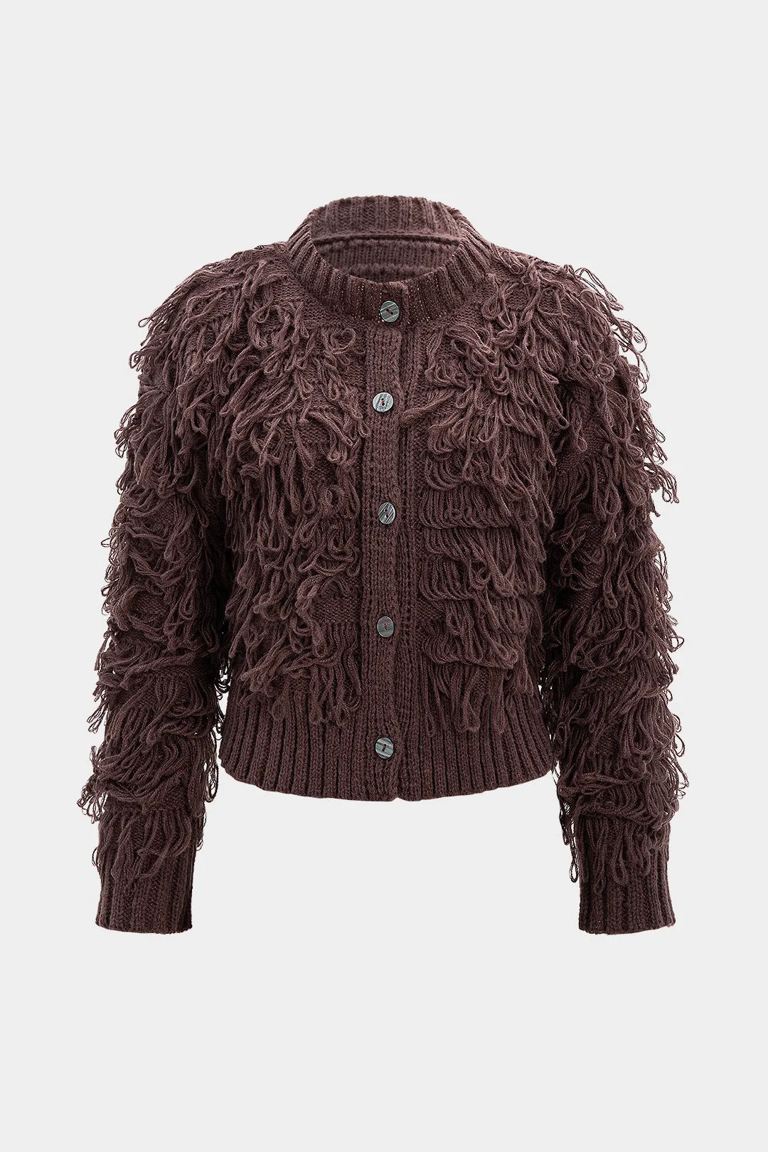 Knit Button Fringe Cardigan sold by Micas