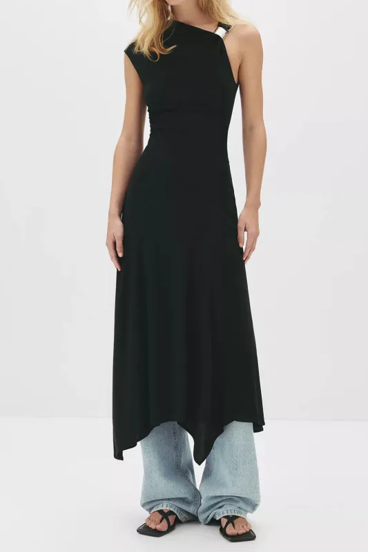 Metallic Decor Asymmetrical Ruched Sleeveless Midi Dress sold by Micas