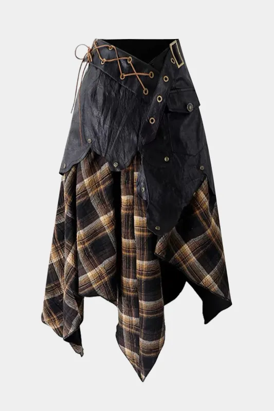 Color Block Plaid Print Faux Leather Patchwork Tie-Up Asymmetrical Pocket Skirt sold by Micas
