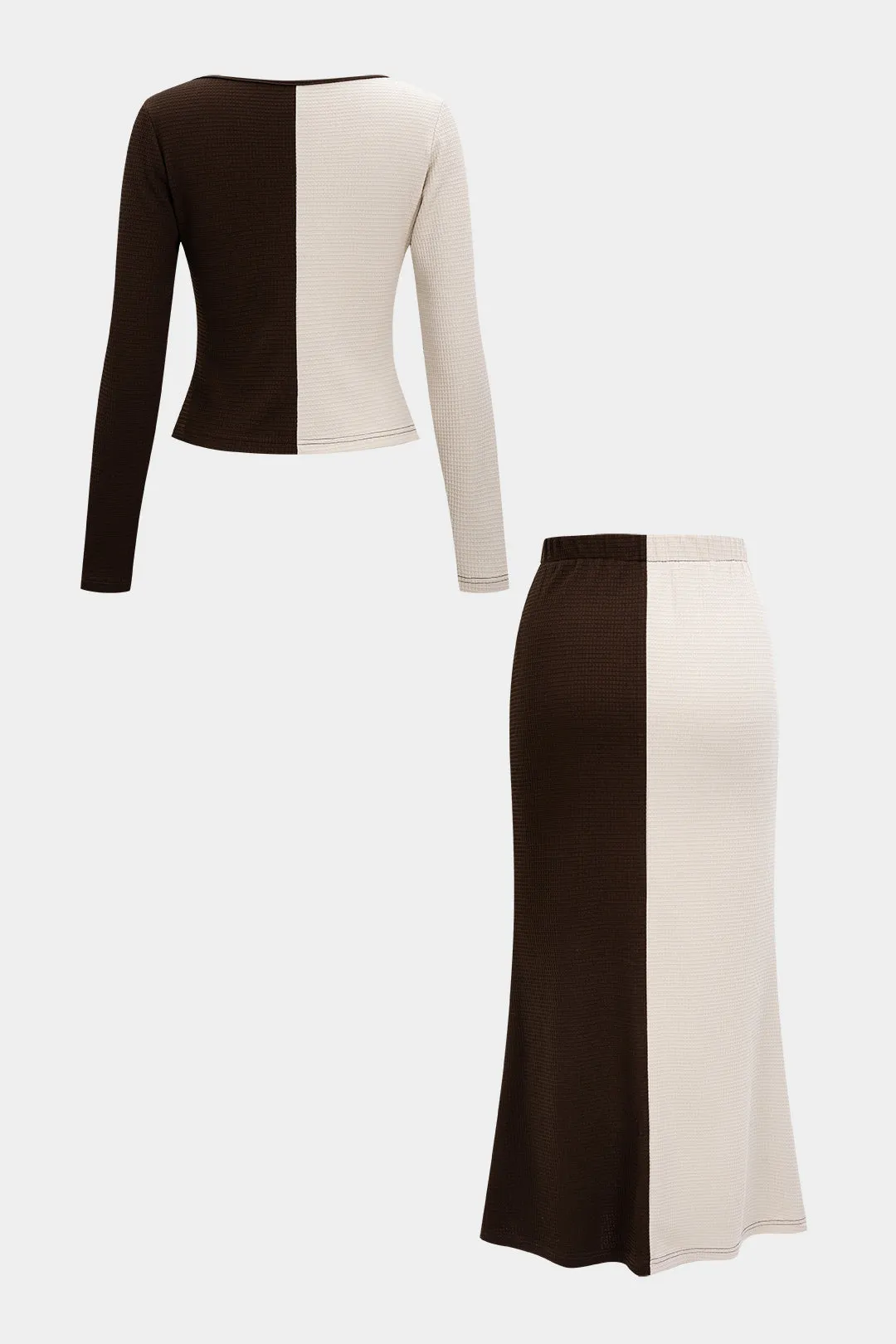 Contrast Button Long-Sleeve Top And High Waist Skirt Set sold by Micas product image thumbnail 2