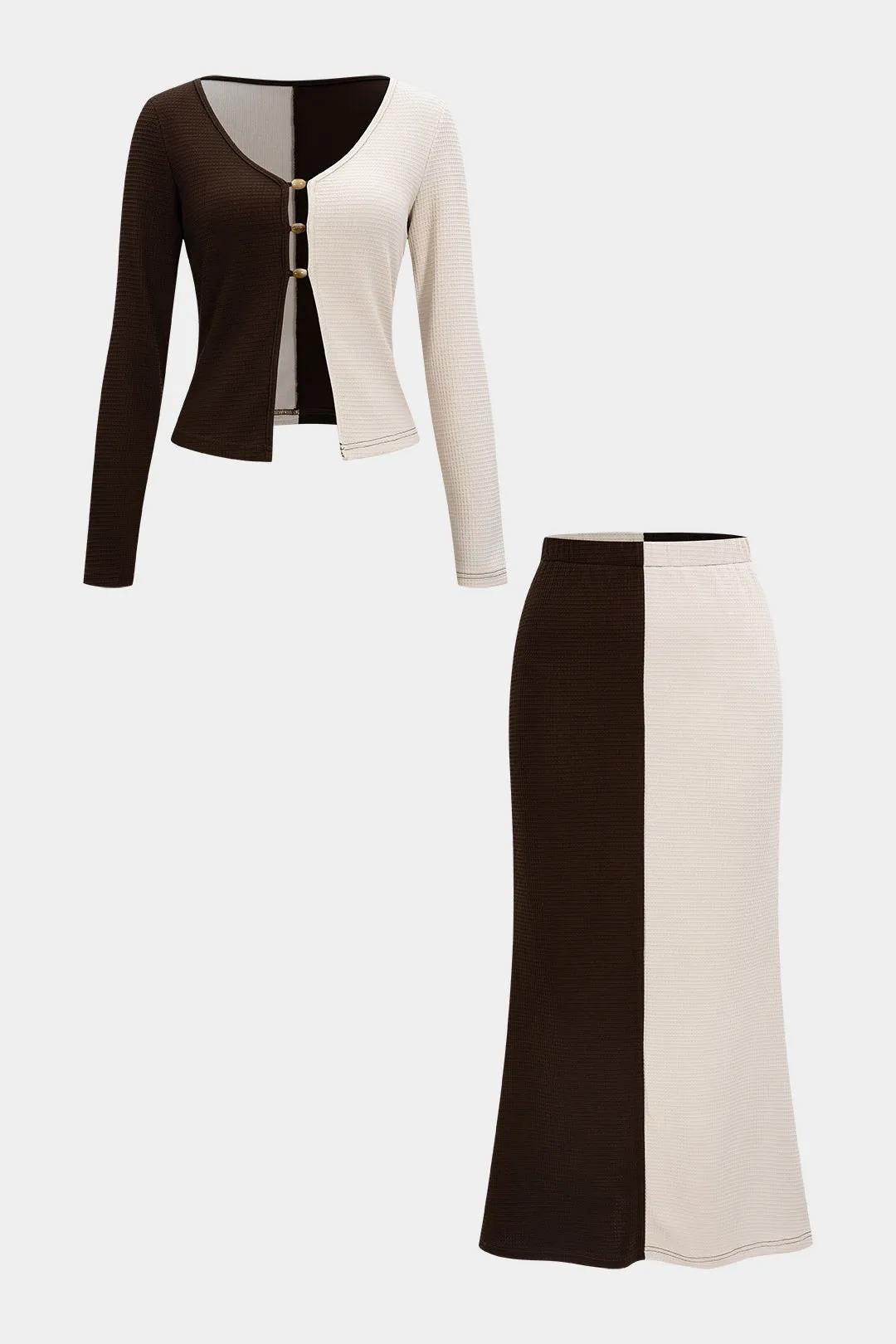 Contrast Button Long-Sleeve Top And High Waist Skirt Set sold by Micas