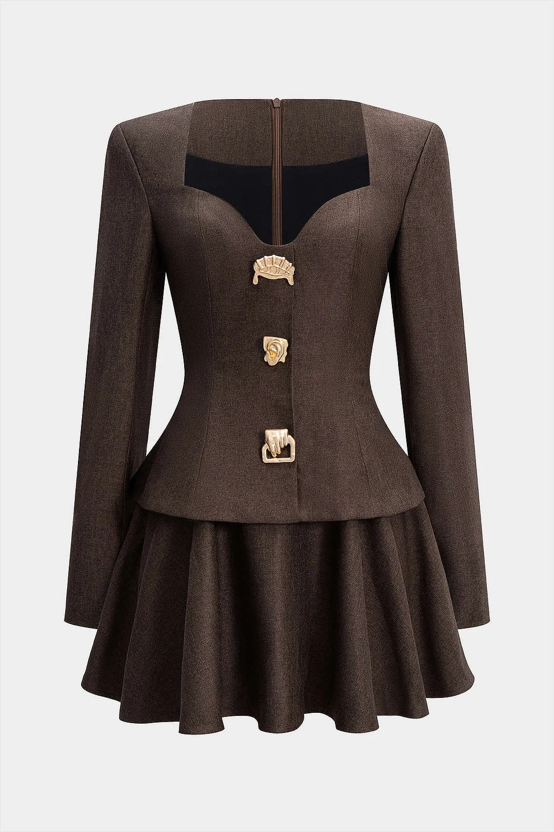 Metallic Decor Ruched Zipper Shoulder Pads Ruched Long Sleeve Mini Dress sold by Micas